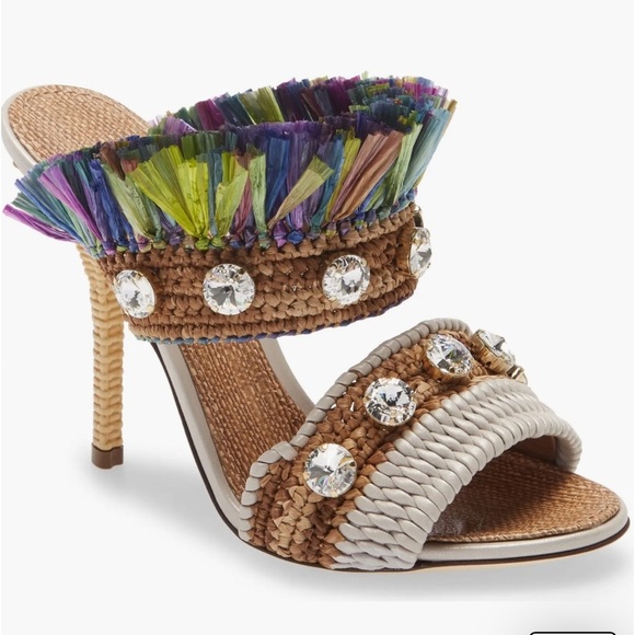 DOLCE & GABBANA Keira Raffia Fringe & Crystal Embellished Sandal In Multi IT40 - Picture 1 of 9
